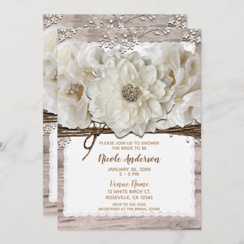 White Flowers  Birch Rustic Glam Bridal Shower Invitation