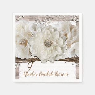 White Flowers & Birch Rustic Glam Bridal Shower Napkins