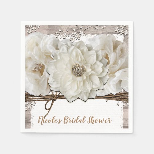 White Flowers  Birch Rustic Glam Bridal Shower Napkins