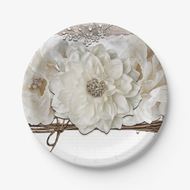 White Flowers & Birch Rustic Glam Bridal Shower Paper Plates (Front)