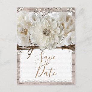 White Flowers & Birch Rustic Glam Save the Date Announcement Postcard