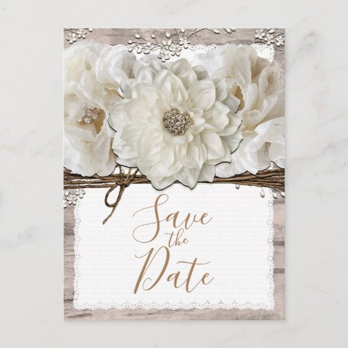 White Flowers  Birch Rustic Glam Save the Date Announcement Postcard