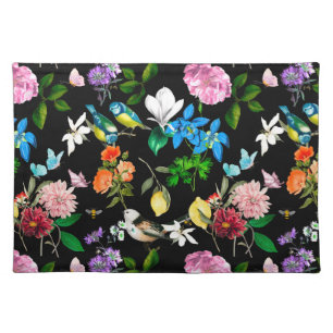White flowers,birds,bees,lemon,butterflies, cloth placemat