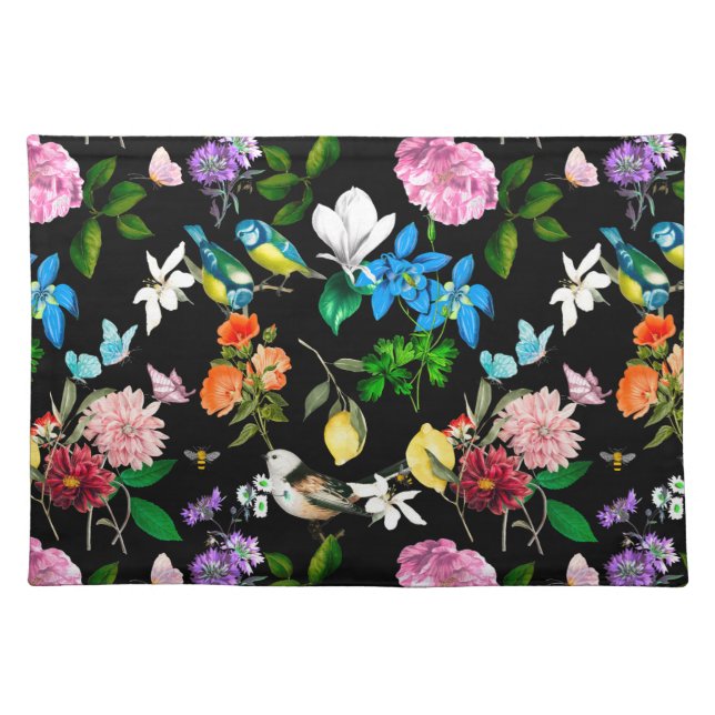 White flowers,birds,bees,lemon,butterflies,   cloth placemat (Front)