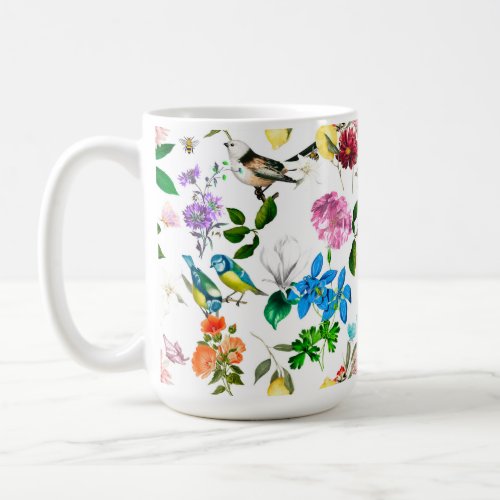 White flowersbirdsbeeslemonbutterflies  coffee mug