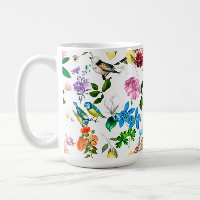 White flowers,birds,bees,lemon,butterflies,  coffee mug (Left)