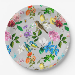 White flowers,birds,bees,lemon,butterflies,   paper plates
