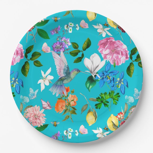 White flowers,birds,bees,lemon,butterflies,   paper plates (Front)
