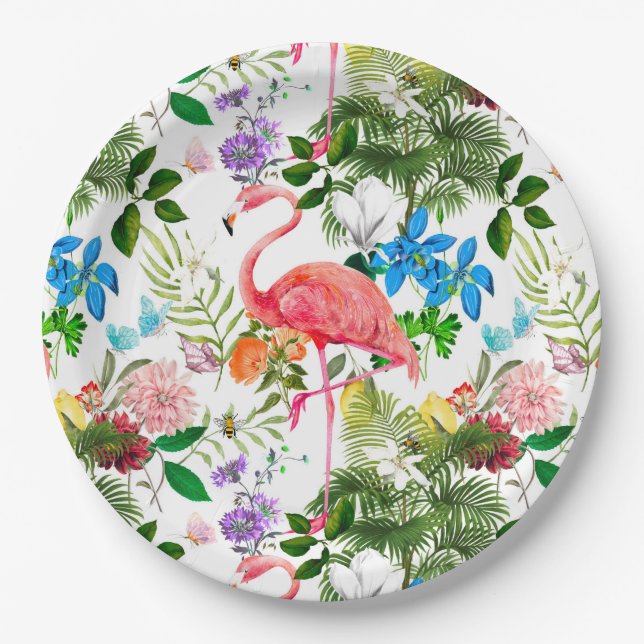 White flowers,birds,flamingo,bees,   paper plates (Front)