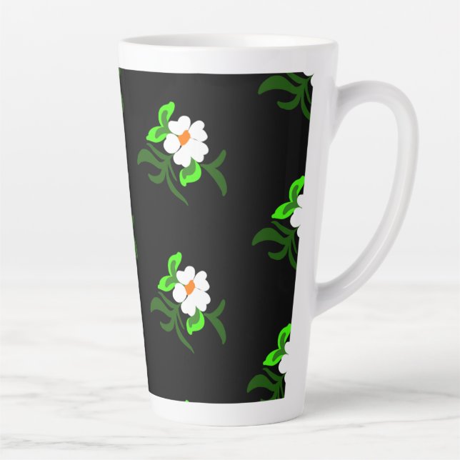 White flowers black background aluminum water bott latte mug (Right)