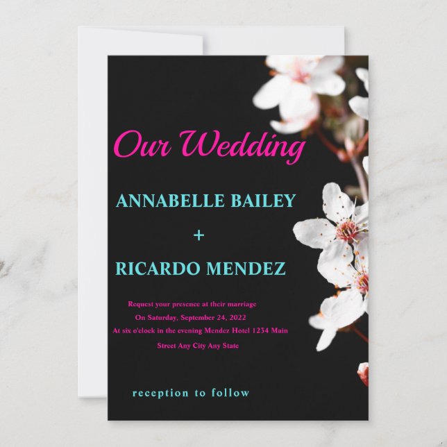 White Flowers/Black Background Wedding Invitation (Front)