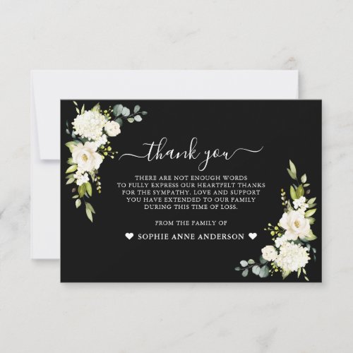 White flowers Black Photo In Loving Memory  Thank You Card