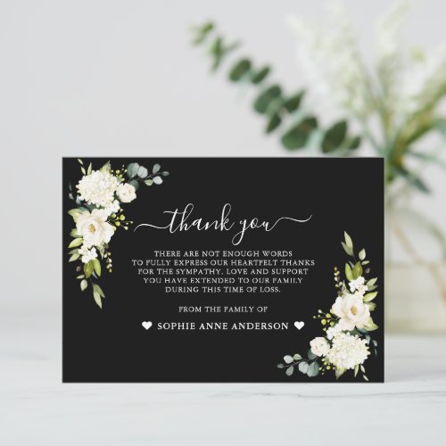 White flowers Black Photo In Loving Memory  Thank You Card