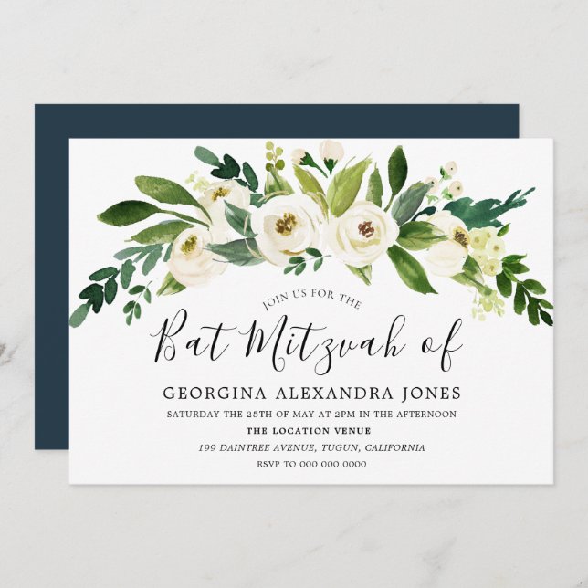 White Flowers Blooming Bat Mitzvah Invitation (Front/Back)