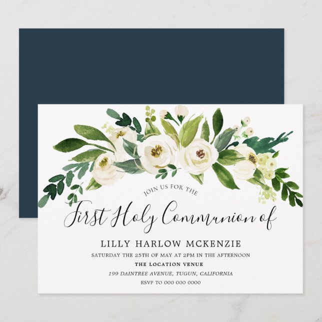 White Flowers Blooming First Holy Communion Invite (Front/Back)