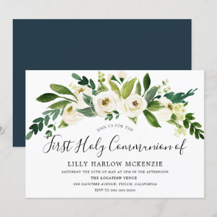 White Flowers Blooming First Holy Communion Invite