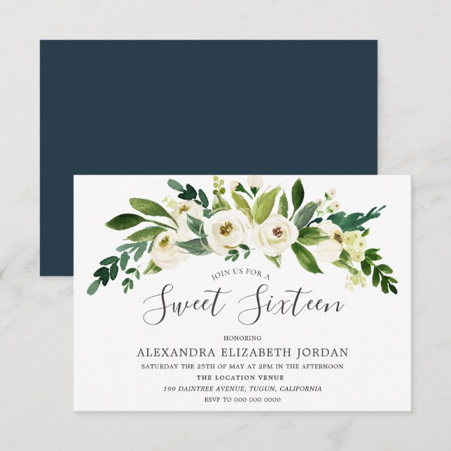 White Flowers Blooming Sweet 16 Invitation (Front/Back)