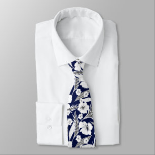 White flowers, blue and white . neck tie