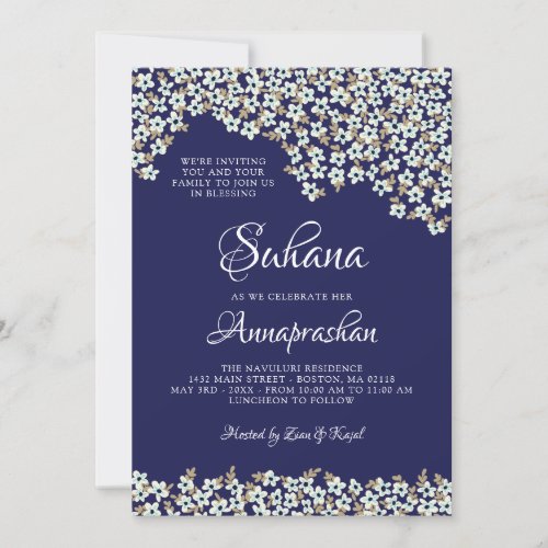 White Flowers Blue Annaprashan Invitation