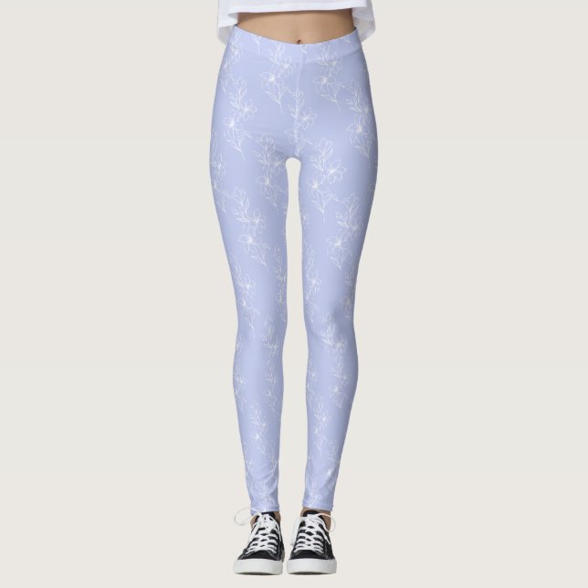 White Flowers Blue Background Leggings (Front)