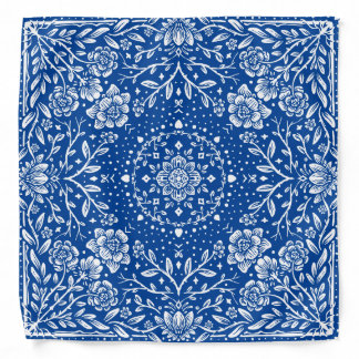 White Flowers Blue Bandana