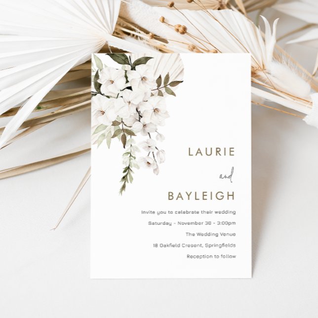 White Flowers, Boho & Sage Modern Wedding Invitation (Creator Uploaded)