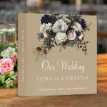 White flowers bouquet beige gold wedding album 3 ring binder<br><div class="desc">Editable text wedding album binder featuring white ivory peony roses bouquets with seasonal winter foliage, pinecones and leaves, and a chic gold calligraphy script on a golden beige. Easy to personalize with your text! Keep your memories of your big day in a beautiful custom album! For coordinated wedding items please...</div>
