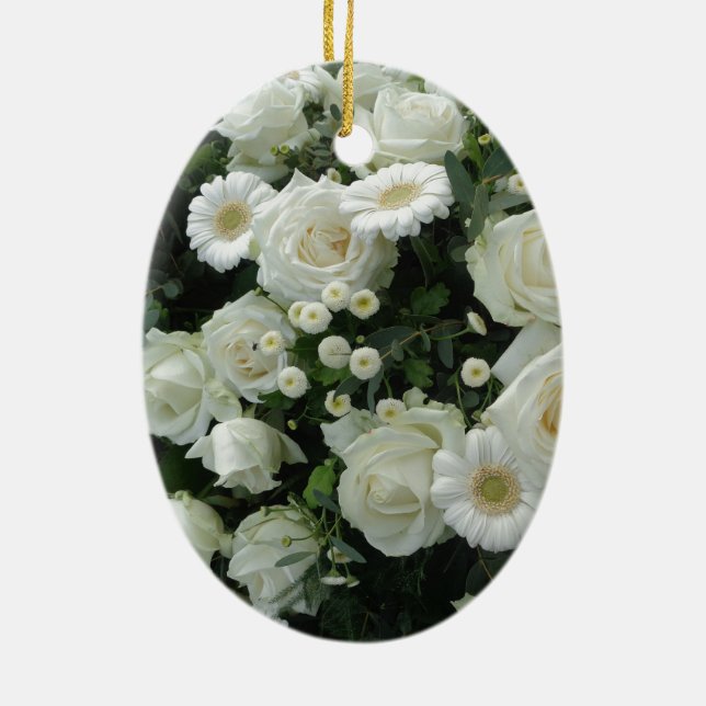 White Flowers Bouquet Ceramic Ornament (Back)