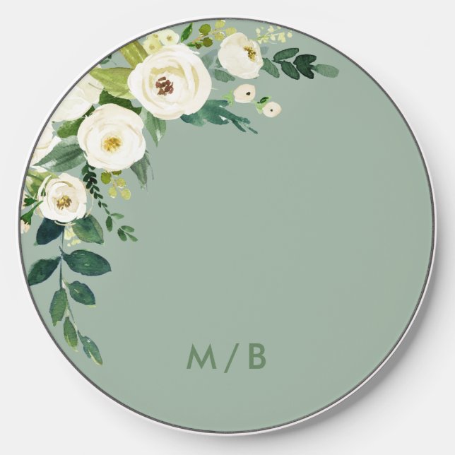 White Flowers Bouquet Monogram On Sage Green Wireless Charger (Front)