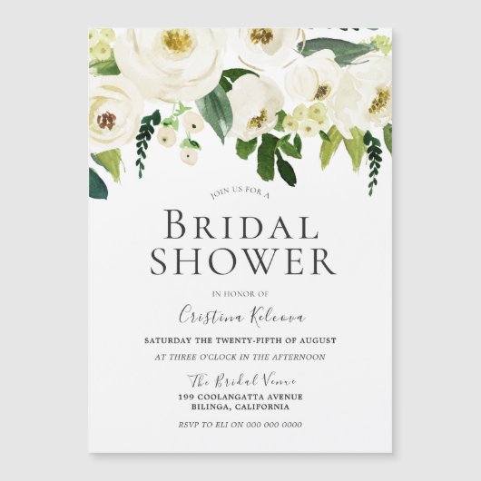 White Flowers Bridal Shower Magnetic Invitation (Front)
