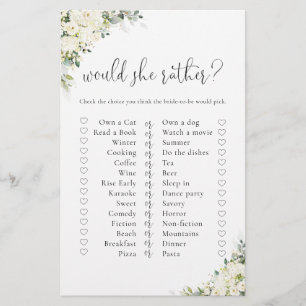 White Flowers Bridal Shower Shoe Game Card