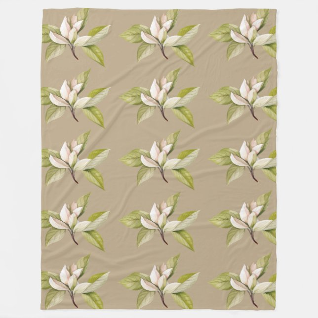 White flowers brown background fleece blanket (Front)