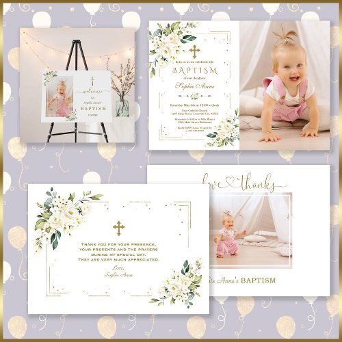 White Flowers Calligraphy Girl Photo Baptism Thank You Card