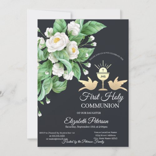 White Flowers Chalice First Holy Communion   Invitation
