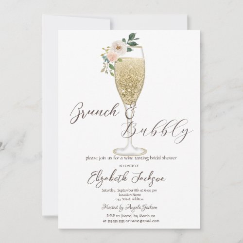 White Flowers Champagne Glass Brunch  Bubbly  Invitation