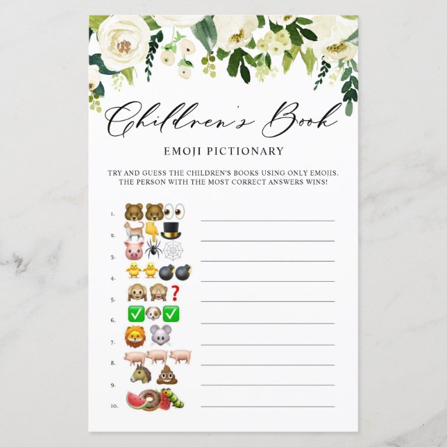 White Flowers Childrens Book Emoji Pictionary Card (Front)