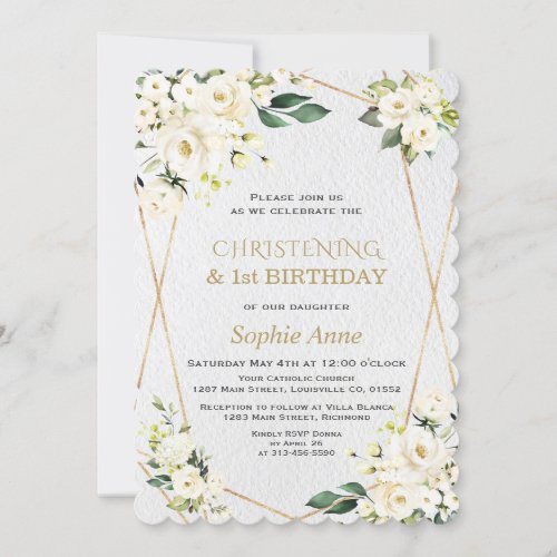 White Flowers Christening 1st Birthday Party  Invitation