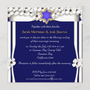 White flowers chuppah jewish wedding invitation