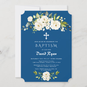White Flowers Classic Blue Boy Baptism Invitation