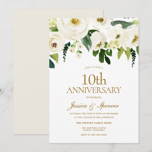 White Flowers &amp; Cream 10th Wedding Anniversary Invitation