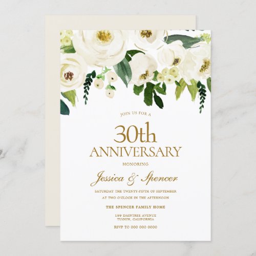 White Flowers  Cream 30th Wedding Anniversary Invitation