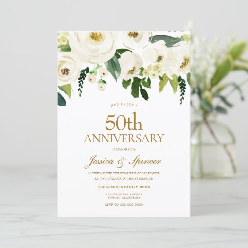 White Flowers & Cream 50th Wedding Anniversary Invitation | Zazzle