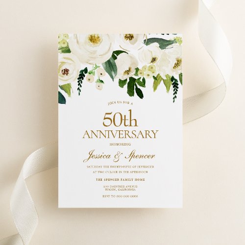White Flowers  Cream 50th Wedding Anniversary Invitation
