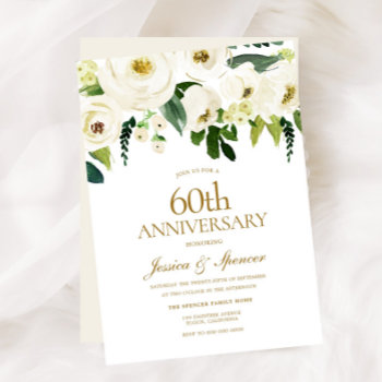 White Flowers & Cream 60th Wedding Anniversary Invitation by Nicheandnest at Zazzle
