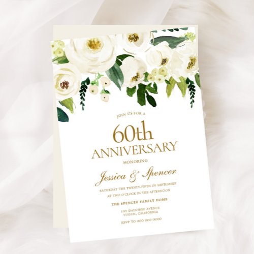 White Flowers  Cream 60th Wedding Anniversary Invitation