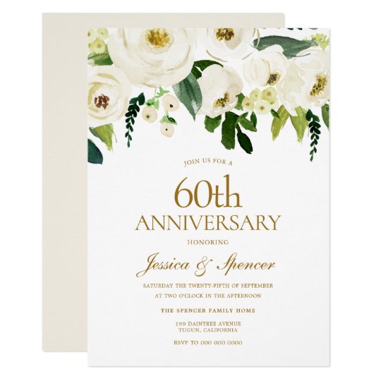 White Flowers & Cream 60th Wedding Anniversary Invitation | Zazzle.com