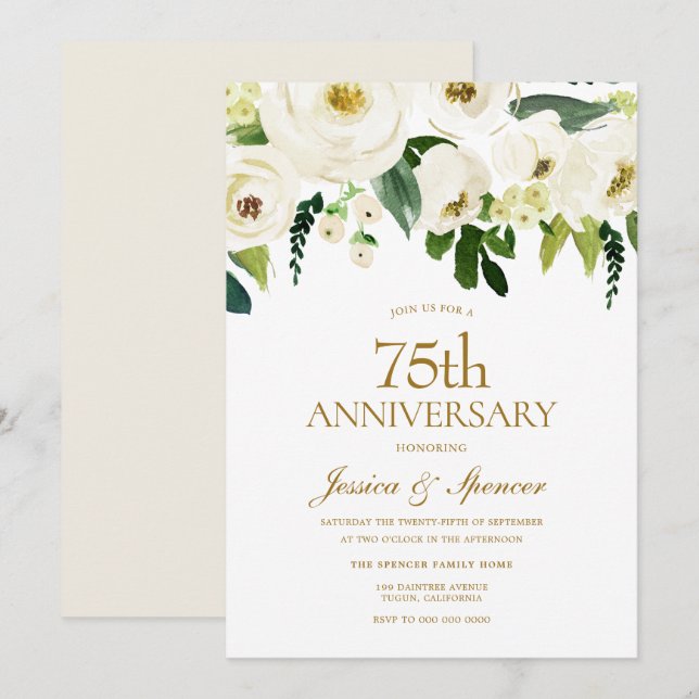 White Flowers & Cream 75th Wedding Anniversary Invitation (Front/Back)