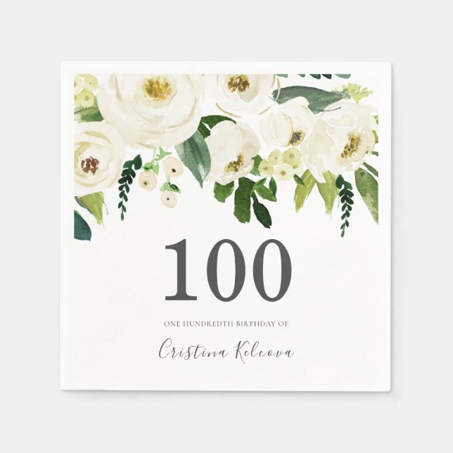 White Flowers & Cream Elegant 100th Birthday Napkins (Front)