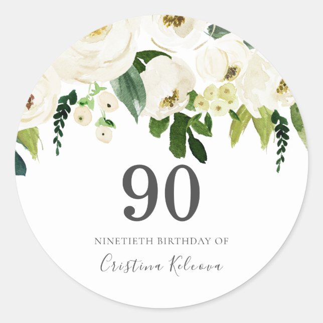 White Flowers & Cream Elegant 90th Birthday Classic Round Sticker (Front)