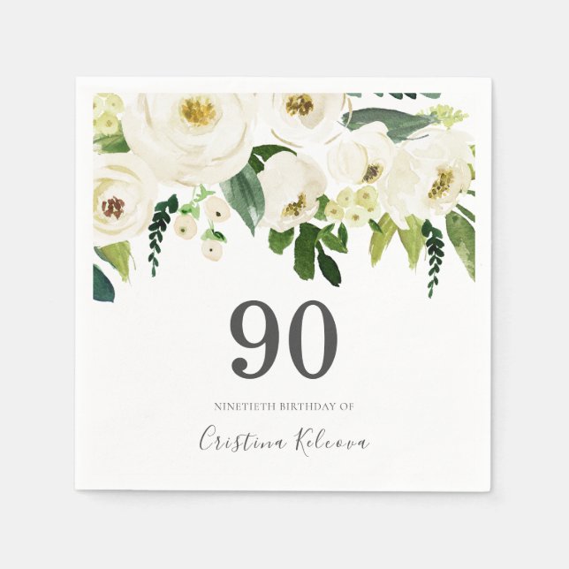White Flowers & Cream Elegant 90th Birthday Napkins (Front)